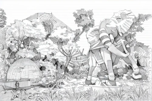 elephant line art,pencils,elephant camp,garden work,work in the garden,pencil art,coppiced,coppice,hand-drawn illustration,pencil and paper,cartoon elephants,elephants,straw hut,coloring page,landscape plan,pencil drawings,pencil drawing,cartoon forest,vegetables landscape,farm hut