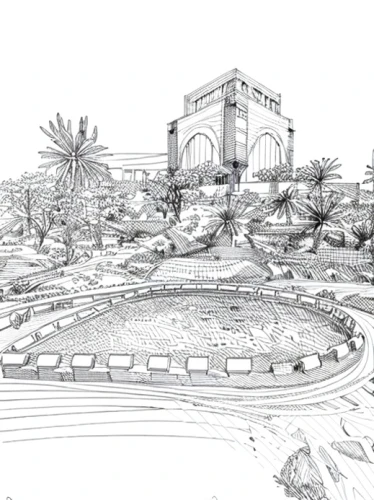 landscape plan,the old botanical garden,qasr al watan,heliopolis,gardens,lafayette park,street plan,landscape design sydney,garden elevation,garden of plants,garden design sydney,traffic circle,urban park,qasr al kharrana,line drawing,hand-drawn illustration,landscape designers sydney,caravanserai,urban design,qasr amra