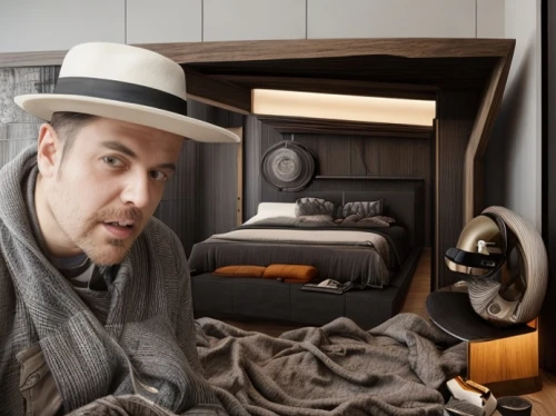 fedora,trilby,stovepipe hat,capsule hotel,hat vintage,flat cap,men hat,steamer trunk,sherlock holmes,luggage compartments,walk-in closet,leonardo devinci,hat retro,brown hat,men's hats,bowler hat,holmes,pork-pie hat,the gramophone,tube radio,Interior Design,Bedroom,Modern,Asian Modern