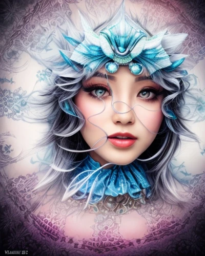 fantasy portrait,the snow queen,white rose snow queen,ice queen,fantasy art,mystical portrait of a girl,faery,faerie,water rose,water lotus,ice princess,rosa 'the fairy,porcelain rose,fantasy picture,digital art,moonflower,blue snowflake,fractalius,blue enchantress,suit of the snow maiden