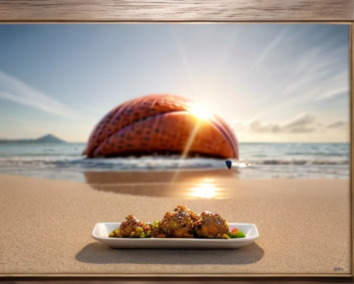 beach restaurant,the beach crab,mystic light food photography,photo frame,beach background,sushi roll images,digital photo frame,plate full of sand,square crab,led-backlit lcd display,chopping board,beach furniture,prawn ball,shrimp croquette,flat panel display,electronic signage,prawn fried rice,ten-footed crab,paella,baltic clam,Realistic,Foods,Szechuan Chicken