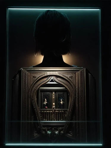 dark cabinetry,a dark room,vitrine,armoire,the gramophone,facade lantern,magic mirror,display window,chiffonier,shop-window,music box,the mirror,shadowbox,the morgue,mirror house,random access memory,dialogue window,the window,dark cabinets,looking glass,Common,Common,Film