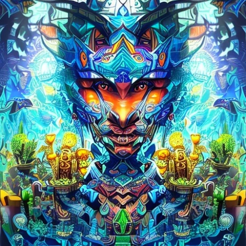 shaman,kaleidoscope art,psychedelic art,fantasy art,avatar,fractalius,transformer,fractals art,digiart,coral guardian,shamanic,tribal,meridians,astral traveler,kaleidoscopic,pachamama,3d fantasy,symbiotic,duality,digital art,Common,Common,Cartoon