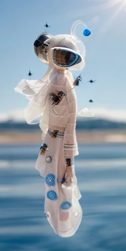 lensball,drone bee,whirling,adrift,conceptual photography,diving helmet,diving bell,jellyfish collage,surrealism,floating wheelchair,message in a bottle,tea cup fella,heliosphere,artificial fly,flying seed,floating island,ufo,diving mask,hover flying,bjork,Common,Common,Photography