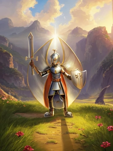 paladin,king sword,lone warrior,crusader,dane axe,excalibur,conquistador,wall,knight armor,cg artwork,fantasy warrior,aaa,king arthur,fantasy picture,the wanderer,guards of the canyon,sunburst background,wind warrior,game illustration,portrait background,Game&Anime,Pixar 3D,Pixar 3D