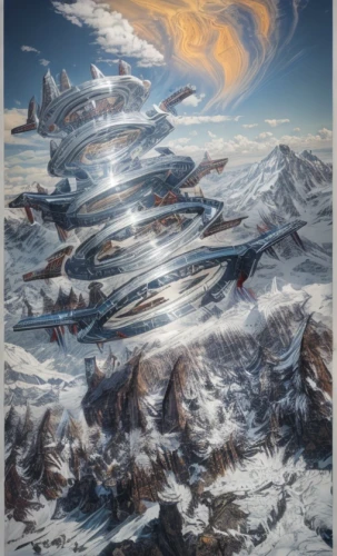 ice planet,futuristic landscape,airships,snow mountains,borealis,ice landscape,space art,snowy peaks,glory of the snow,avalanche,zeppelins,thermokarst,northrend,tundra,snow landscape,fantasy landscape,infinite snow,the spirit of the mountains,snow mountain,himalaya