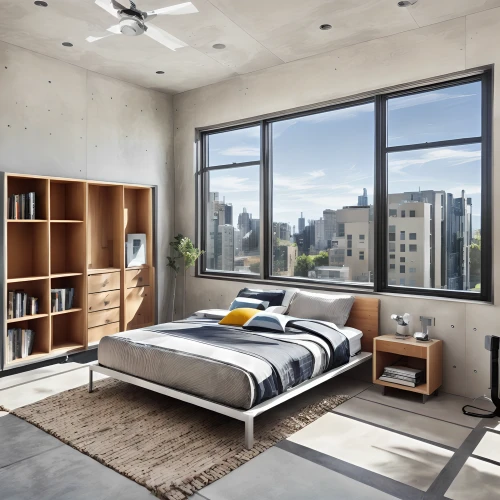 modern room,loft,modern decor,sky apartment,room divider,penthouse apartment,shared apartment,contemporary decor,sleeping room,great room,bedroom,interior modern design,an apartment,smart home,apartment,concrete ceiling,modern style,guest room,bedroom window,guestroom