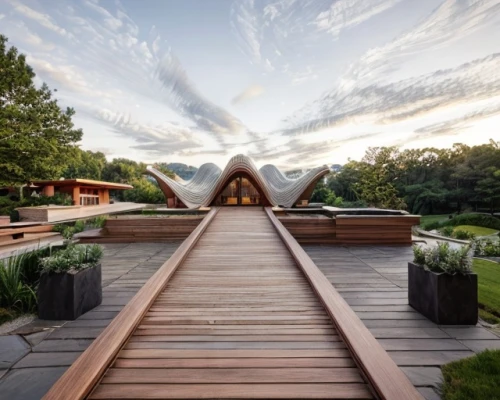 forest chapel,wooden bridge,corten steel,wooden path,wooden beams,roof landscape,archidaily,eco hotel,timber house,japanese zen garden,moveable bridge,wooden roof,wooden decking,wood deck,outdoor structure,zen garden,mirror house,wooden church,wooden sauna,vipassana,Architecture,General,Transitional,Prairie Style