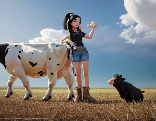 farm girl,milk cow,barnyard,cow boy,countrygirl,dairy cow,holstein cow,toy's story,digital compositing,girl with dog,playmobil,farm animal,cow pats,schleich,farmer,moo,heidi country,cowgirl,milkmaid,cow,Game&Anime,Pixar 3D,Pixar 3D