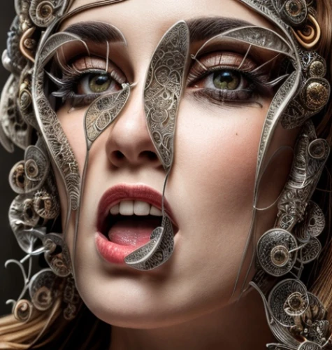 medusa,venetian mask,filigree,biomechanical,snake skin,serpent,the carnival of venice,masquerade,jeweled,mouth harp,headpiece,adornments,headdress,drusy,gorgon,veil,woman face,snake charming,covered mouth,vintage makeup,Common,Common,Natural