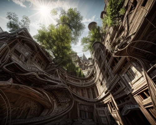 mandelbulb,360 ° panorama,fractal environment,tigers nest,hanging houses,virtual landscape,elves flight,ancient city,3d fantasy,pano,panoramical,escher village,ancient buildings,roof landscape,tree canopy,strange structure,alien world,gaudí,imperial shores,neural pathways,Common,Common,Natural