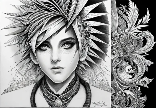 pencil art,pencil drawings,feather headdress,fantasy art,fractals art,boho art,psychedelic art,fantasy portrait,headdress,handdrawn,monoline art,pencil drawing,lotus art drawing,gothic portrait,zodiac sign gemini,biomechanical,dark art,zentangle,artwork,duality,Art sketch,Art sketch,Fantasy