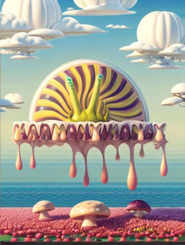 mushroom landscape,mushroom island,cloud mushroom,jellyfish,dune sea,polyp,delight island,panoramical,acid lake,nautilus,mollusk,alien planet,jellyfish collage,surrealistic,seashell,surrealism,clam shell,deep sea nautilus,cd cover,sea fantasy,Calligraphy,Illustration,Cartoon Illustration