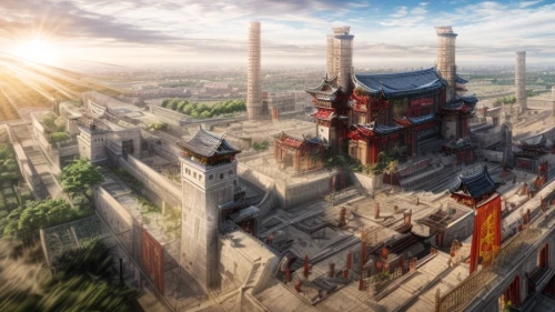 industrial landscape,refinery,industrial ruin,industrial plant,ancient city,lignite power plant,fantasy city,power plant,powerplant,forbidden palace,constantinople,concrete plant,factories,metropolis,asian architecture,coal-fired power station,shanghai disney,chinese architecture,combined heat and power plant,new castle,Common,Common,Natural