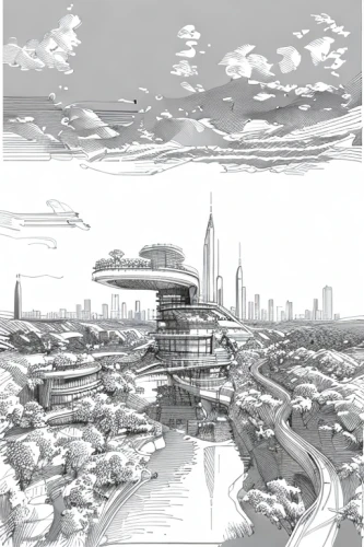 futuristic landscape,futuristic architecture,sky space concept,artificial island,concept art,airships,metropolis,sci fiction illustration,sky city,futuristic,artificial islands,post-apocalyptic landscape,sci - fi,sci-fi,skyscraper town,futuristic art museum,cellular tower,utopian,space port,airship