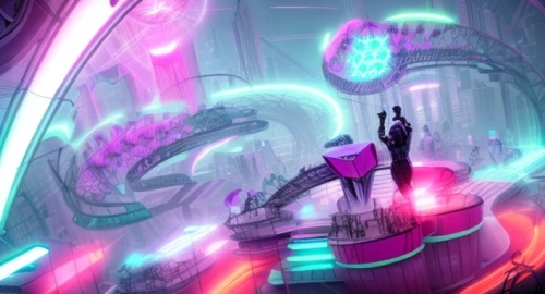 sci fiction illustration,whirl,amusement ride,electric arc,futuristic landscape,concept art,cg artwork,cyberpunk,futuristic,scifi,cyberspace,portal,sci-fi,sci - fi,sci fi,game illustration,space port,neon ghosts,background image,alien ship