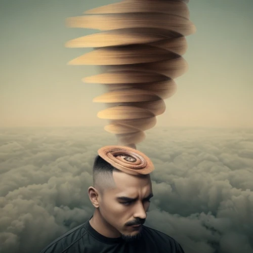 el salvador dali,dali,conceptual photography,cloud mushroom,situation mushroom,conical hat,equilibrist,self hypnosis,man thinking,asian conical hat,photo manipulation,equilibrium,surrealism,mushroom hat,photomanipulation,photoshop manipulation,photoshop creativity,fountain head,thinking man,balloon head