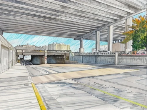 underpass,overpass,parking lot under construction,bus station,underground car park,subway station,train platform,car park,railroad station,train station,multi storey car park,transport hub,roadway,eastern ramp,the train station,railway platform,metro station,train station passage,street view,skating rink,Landscape,Landscape design,Landscape Plan,Watercolor