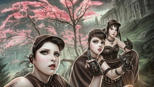 the three graces,chinese art,yulan magnolia,plum blossoms,geisha,fantasy picture,oriental painting,the cherry blossoms,cd cover,cover,cherry trees,soapberry family,korean culture,three flowers,plum blossom,asian culture,fantasy art,celebration of witches,geisha girl,sacred fig,Game&Anime,Manga Characters,Darkness