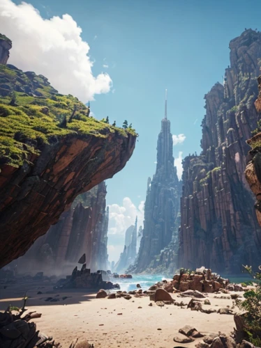 terraforming,imperial shores,an island far away landscape,zion,cliffs ocean,futuristic landscape,navajo bay,fantasy landscape,the cliffs,sea caves,valerian,fallen giants valley,karst landscape,cliffs,red cliff,mesa,atlantis,mountain world,alien world,mountain plateau,Common,Common,Game