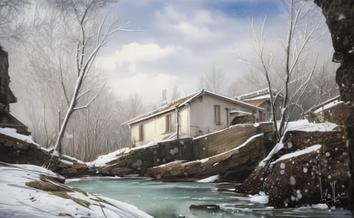 winter house,winter landscape,house in mountains,house in the forest,house in the mountains,the cabin in the mountains,lonely house,winter background,fisherman's house,christmas landscape,snow landscape,snowy landscape,winter village,snow scene,world digital painting,mountain hut,small cabin,home landscape,water mill,abandoned place,Common,Common,Film