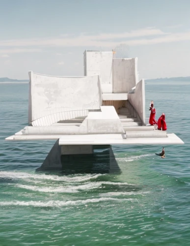 water sofa,cube stilt houses,lifeguard tower,floating stage,concrete ship,infinity swimming pool,picnic boat,futuristic art museum,cube sea,beach furniture,coastal motor ship,chaise lounge,cubic house,catamaran,house of the sea,coastal defence ship,water taxi,e-boat,very large floating structure,mozart fountain