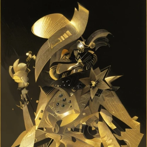 clockmaker,paper art,gold foil art,gold paint stroke,clockwork,paladin,scales of justice,vanitas,kinetic art,transistor,excalibur,suit of spades,a3 poster,mecha,cassini,light drawing,sextant,drawing with light,knight star,masquerade