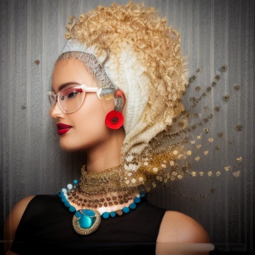 artificial hair integrations,lace round frames,adornments,eye glass accessory,afroamerican,women's accessories,mohawk hairstyle,afro-american,african woman,blonde woman,feather jewelry,african american woman,conceptual photography,portrait photography,feathered hair,fashion shoot,cool blonde,afro american,nigeria woman,beautiful african american women