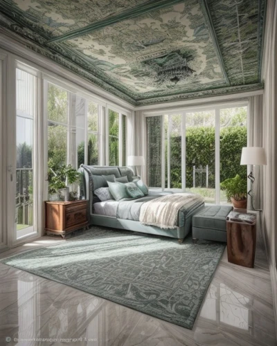 great room,ornate room,luxury home interior,stucco ceiling,damask,sitting room,danish room,sleeping room,interior design,window treatment,canopy bed,3d rendering,family room,bedroom,ceramic floor tile,luxury property,guest room,livingroom,billiard room,living room,Common,Common,Fashion