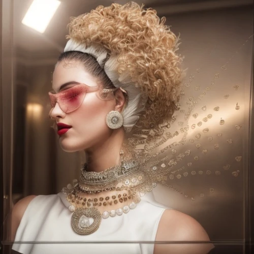 artificial hair integrations,vintage makeup,bridal accessory,art deco woman,vintage woman,updo,bridal jewelry,drusy,pompadour,gold jewelry,headpiece,love pearls,conceptual photography,image manipulation,embellished,pearl necklace,photo manipulation,embellishments,vintage fashion,adornments,Common,Common,Fashion