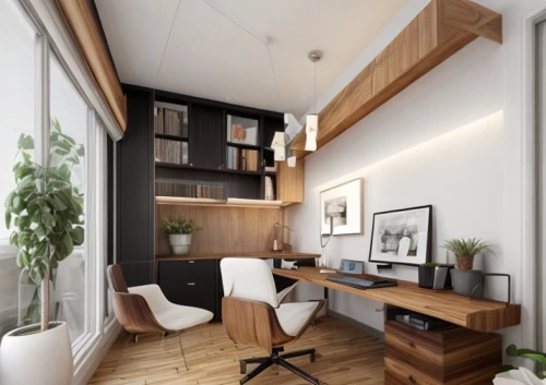modern office,working space,creative office,modern decor,shared apartment,modern room,study room,loft,interior design,office desk,apartment,offices,interior modern design,an apartment,contemporary decor,wooden desk,consulting room,hallway space,3d rendering,room divider,Commercial Space,Working Space,Mid-Century Cool