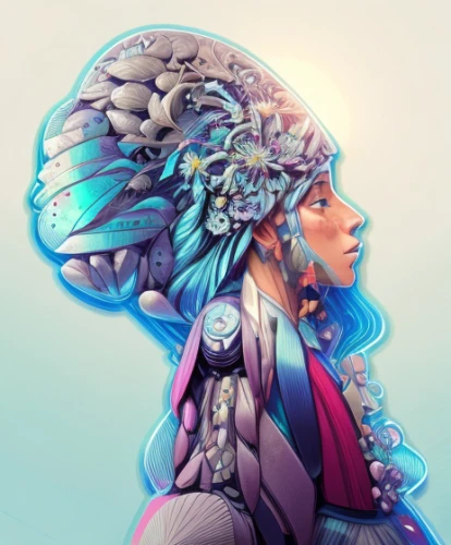 sci fiction illustration,brainstorm,psychedelic art,mind-body,medusa,head woman,fantasy portrait,shaman,biomechanical,brain icon,aura,digital illustration,mystical portrait of a girl,andromeda,symbiotic,mind,consciousness,shamanism,dryad,zodiac sign libra,Calligraphy,Illustration,Scene Illustration