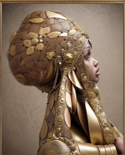 beautiful bonnet,golden crown,gold crown,ancient egyptian girl,golden mask,headpiece,golden apple,gold mask,mary-gold,gold leaf,gold cap,chinese art,golden wreath,headdress,asian conical hat,gold lacquer,gold paint stroke,inner mongolian beauty,gold foil crown,african woman,Realistic,Fashion,Luxury And Sophistication