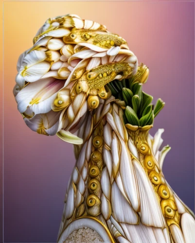 lily of the desert,head of garlic,hand digital painting,golden wreath,horn of amaltheia,golden unicorn,lily of the nile,sphynx,golden crown,straw animal,fauna,carousel horse,zodiac sign libra,celestial chrysanthemum,greater galangal,heraldic animal,decorative figure,conch shell,horned melon,filigree,Realistic,Flower,Gladiolus