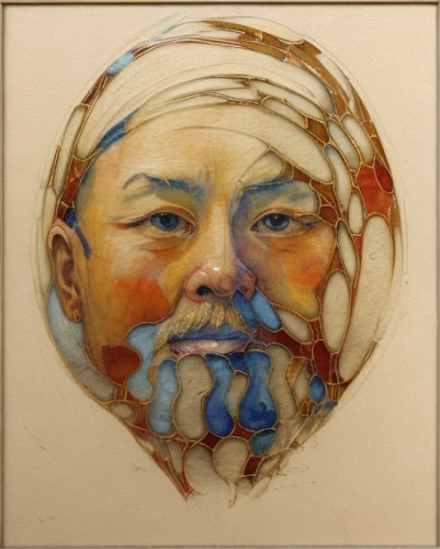 shirakami-sanchi,glass painting,art nouveau frame,dali,vincent van gough,alfons mucha,wooden mask,elderly man,chinese art,sculptor ed elliott,luo han guo,painted eggshell,mandarin,turban,leonardo da vinci,oriental painting,self-portrait,art nouveau,human head,leonardo,Calligraphy,Painting,Oil Painting At Sea