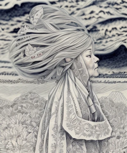 little girl in wind,the snow queen,girl on the dune,white lady,the angel with the veronica veil,woman of straw,the wind from the sea,suit of the snow maiden,winter dream,white rose snow queen,mystical portrait of a girl,japanese art,girl with cloth,chinese art,chalk drawing,paper art,eternal snow,of mourning,sleepwalker,woman thinking,Calligraphy,Illustration,Fairy Tale Illustrations