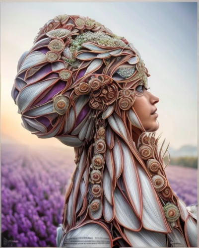 the lavender flower,the hat of the woman,rapunzel,beautiful bonnet,fractals art,headdress,girl in a wreath,woman's hat,medusa,fantasy art,fantasy portrait,psychedelic art,mandelbulb,mushroom hat,feather headdress,boho art,artichoke,the hat-female,headpiece,indian headdress,Realistic,Flower,Viola