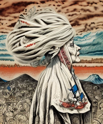 little girl in wind,el salvador dali,japanese art,david bates,surrealistic,surrealism,japanese wave,red cloud,oriental painting,shamanic,the wind from the sea,the long-hair cutter,wind warrior,psychedelic art,white lady,woman of straw,photomontage,girl on the dune,shirakami-sanchi,shamanism,Calligraphy,Illustration,Illustrations Of European Towns