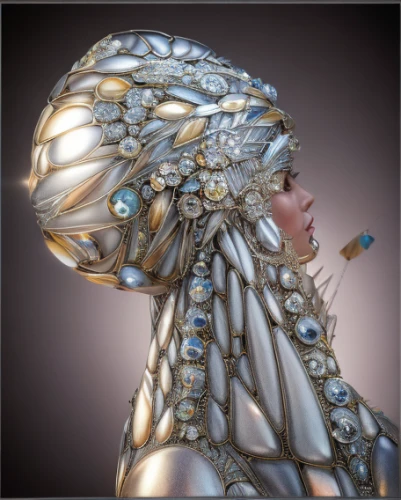 biomechanical,sculpt,veil,crown render,headdress,headpiece,humanoid,fractalius,bridal veil,filigree,3d fantasy,cybernetics,cinema 4d,render,jeweled,gradient mesh,mandelbulb,cyberspace,head woman,bridal accessory,Realistic,Jewelry,Hollywood Regency