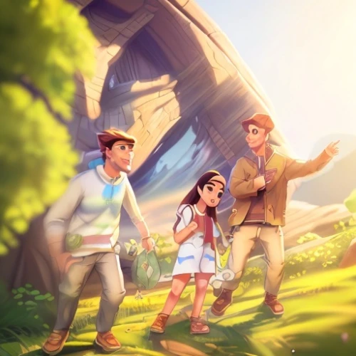 cg artwork,travelers,game illustration,studio ghibli,kids illustration,adventure game,the dawn family,children's background,3d fantasy,meadow play,magical adventure,arrowroot family,game art,action-adventure game,girl and boy outdoor,sci fiction illustration,villagers,hero academy,dream world,grass family,Game&Anime,Pixar 3D,Pixar 3D