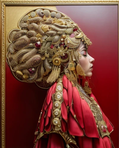 the carnival of venice,venetian mask,golden wreath,headdress,headpiece,artist's mannequin,masquerade,the hat of the woman,decorative art,art nouveau frame,imperial crown,golden mask,decorative figure,peking opera,artist doll,art nouveau,cleopatra,medusa,baroque,girl in a wreath,Realistic,Jewelry,Baroque