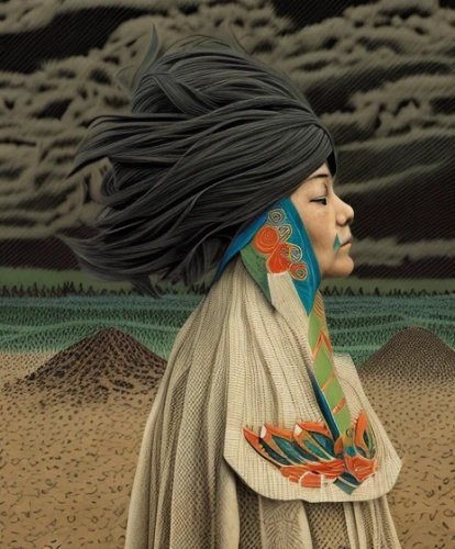 inner mongolian beauty,chinese art,oriental painting,yi sun sin,vietnamese woman,orientalism,peruvian women,japanese art,kyrgyz,oriental girl,shamanism,shamanic,japanese woman,indian headdress,indigenous painting,han thom,american indian,turpan,the american indian,girl on the dune,Calligraphy,Illustration,Minimalist Architectural Illustration