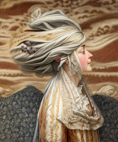 the hat of the woman,rapunzel,baroque angel,woman's hat,beautiful bonnet,white lady,headdress,the angel with the veronica veil,junshan yinzhen,veil,blonde woman,feathered hair,oriental longhair,feather headdress,woman holding pie,little girl in wind,woman of straw,woman sculpture,paper art,praying woman,Calligraphy,Painting,Classical Europe