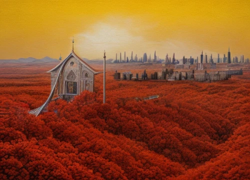 landscape red,dune landscape,orange sky,utopian,home landscape,red planet,red cliff,panoramic landscape,autumn landscape,orange robes,citadel,the windmills,red sun,the order of the fields,fantasy landscape,fantasy picture,high landscape,landscape,industrial landscape,hanging houses