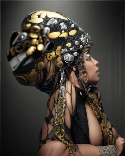 biomechanical,cyborg,headpiece,steampunk,motorcycle helmet,cleopatra,helmet,gold cap,gold mask,gold crown,neottia nidus-avis,headgear,anaconda,bodypaint,streampunk,ai,medusa,headdress,kokoshnik,shaman,Realistic,Movie,Steel Chain