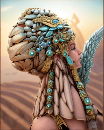 ancient egyptian girl,headdress,cleopatra,sphinx pinastri,feather headdress,headpiece,fantasy art,sphinx,medusa,the hat of the woman,indian headdress,head woman,the sphinx,fantasy portrait,artemisia,mandelbulb,pharaonic,ancient egypt,promethea silkmoth,scarab,Realistic,Movie,Lost City