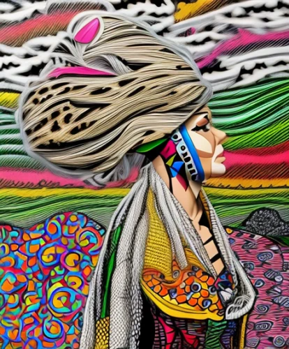 mexican blanket,psychedelic art,indigenous painting,boho art,ethnic design,hippie fabric,tribal masks,indian headdress,peruvian women,colourful pencils,bodypainting,body painting,shamanism,african art,shamanic,headdress,bodypaint,african woman,tribal,pachamama,Calligraphy,Painting,Graffiti Illustration