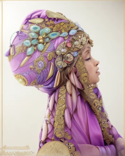 headpiece,beautiful bonnet,headdress,the hat of the woman,miss circassian,rapunzel,the carnival of venice,golden wreath,art nouveau,venetian mask,russian folk style,suit of the snow maiden,shawl,costume design,indian headdress,art nouveau design,iranian nowruz,feather headdress,diadem,bridal accessory,Realistic,Movie,Enchanted Castle