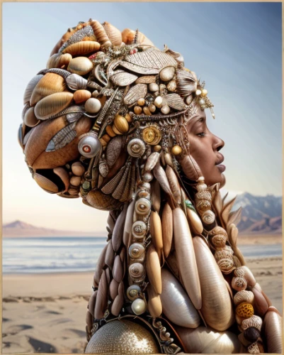 headdress,fractals art,seashell,sea shell,ammonite,surrealistic,mandelbulb,head woman,artificial hair integrations,biomechanical,african art,surrealism,seashells,anthill,indian headdress,fractalius,stacking stones,girl in a wreath,carapace,shamanism,Realistic,Jewelry,Earthy