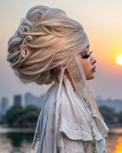 updo,sun bride,gypsy hair,oriental longhair,oriental princess,artificial hair integrations,rapunzel,feathered hair,hairstyle,hair accessory,miss vietnam,fairy queen,sunset glow,burning hair,bouffant,the blonde in the river,princess crown,blonde woman,glamour girl,headpiece,Light and shadow,Landscape,West Lake